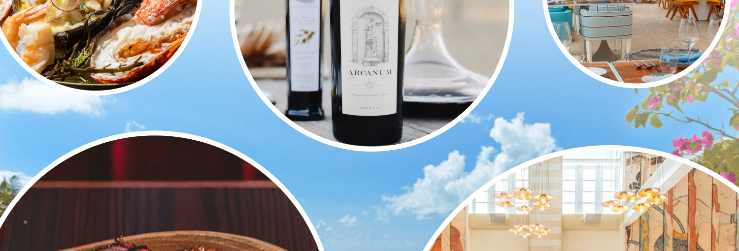 Images of auction items - wine, pool, seafood